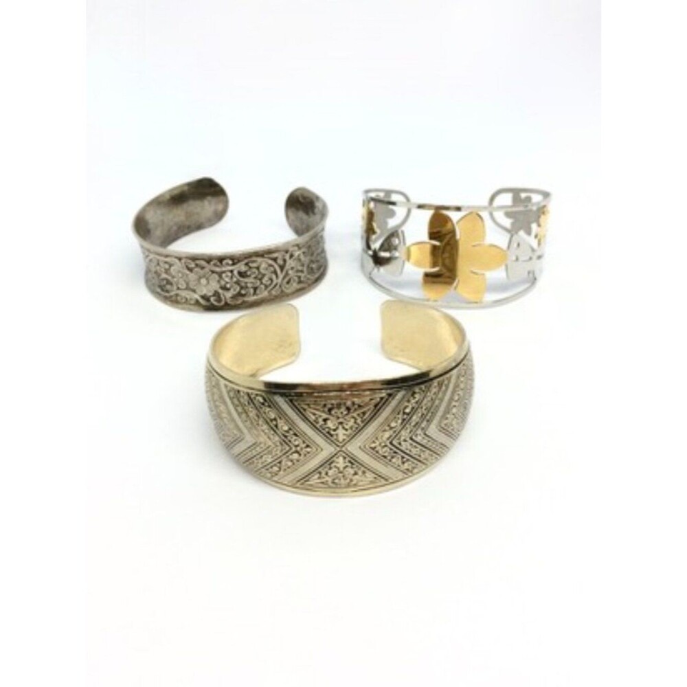 Cuff Bracelet Lot Silver Tone Floral Etched Wide Open Bangles Boho 3 Piece